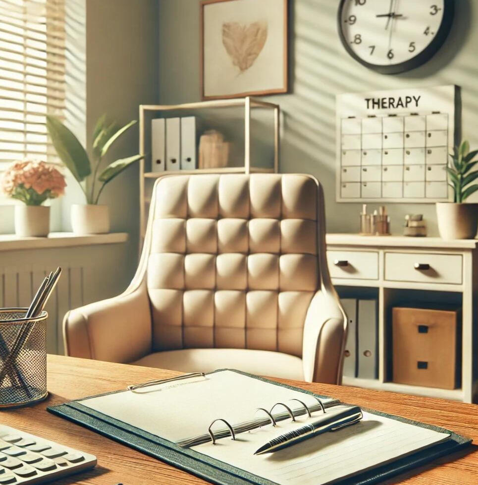 Professional therapy office setup with a desk prepared for goal-setting discussions. A notepad and pen rest on the desk, along with a calendar labeled with the current month, and a wall art piece subtly spelling out 'THERAPY.' A clock with a standard two-h